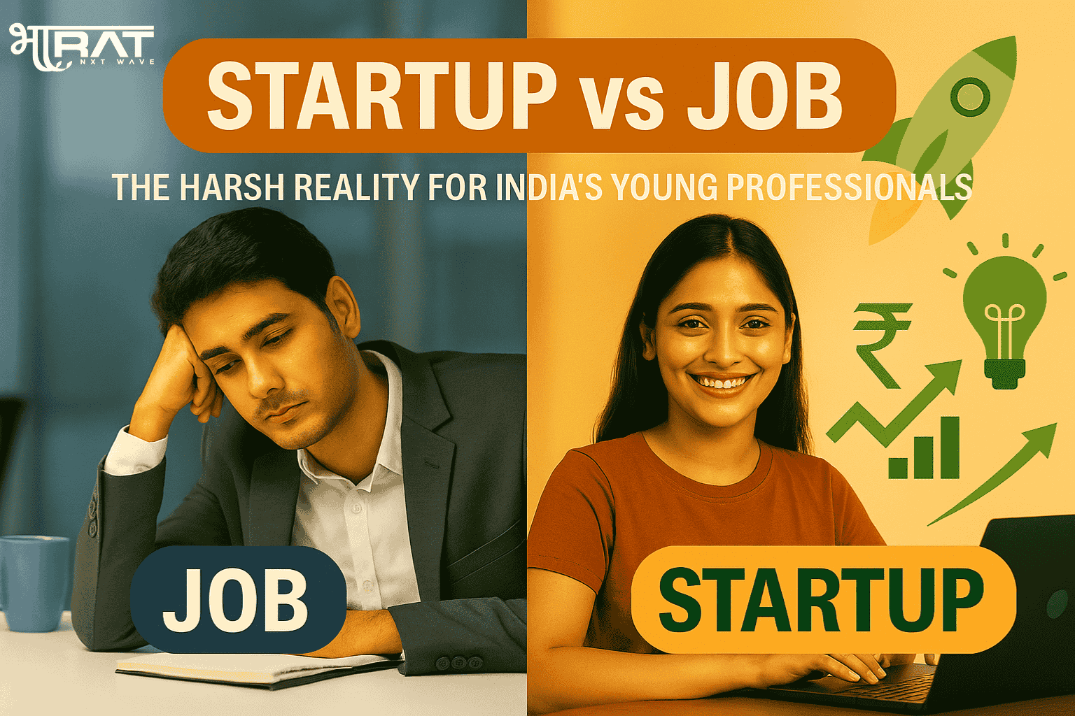 A split-screen image showing the contrast between a corporate job and a startup life — an Indian young professional on the left in formal wear appearing stressed in an office setting labeled “Job,” and the same person on the right in casual clothes working confidently on a laptop with icons like rocket, rupee, and growth chart labeled “Startup.”