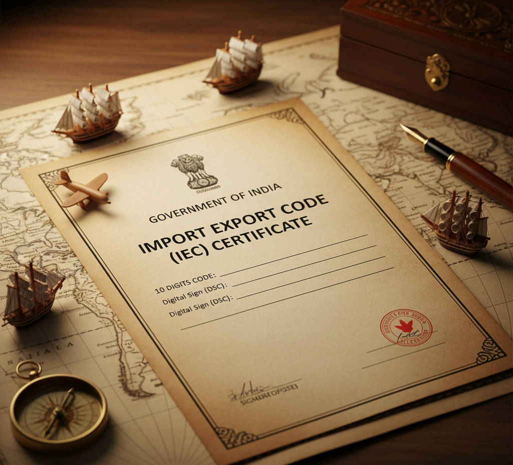 A traditional paper Import Export Code (IEC) Certificate from the Government of India, placed on an old world map with miniature ships, airplanes, and a compass, symbolizing global trade.