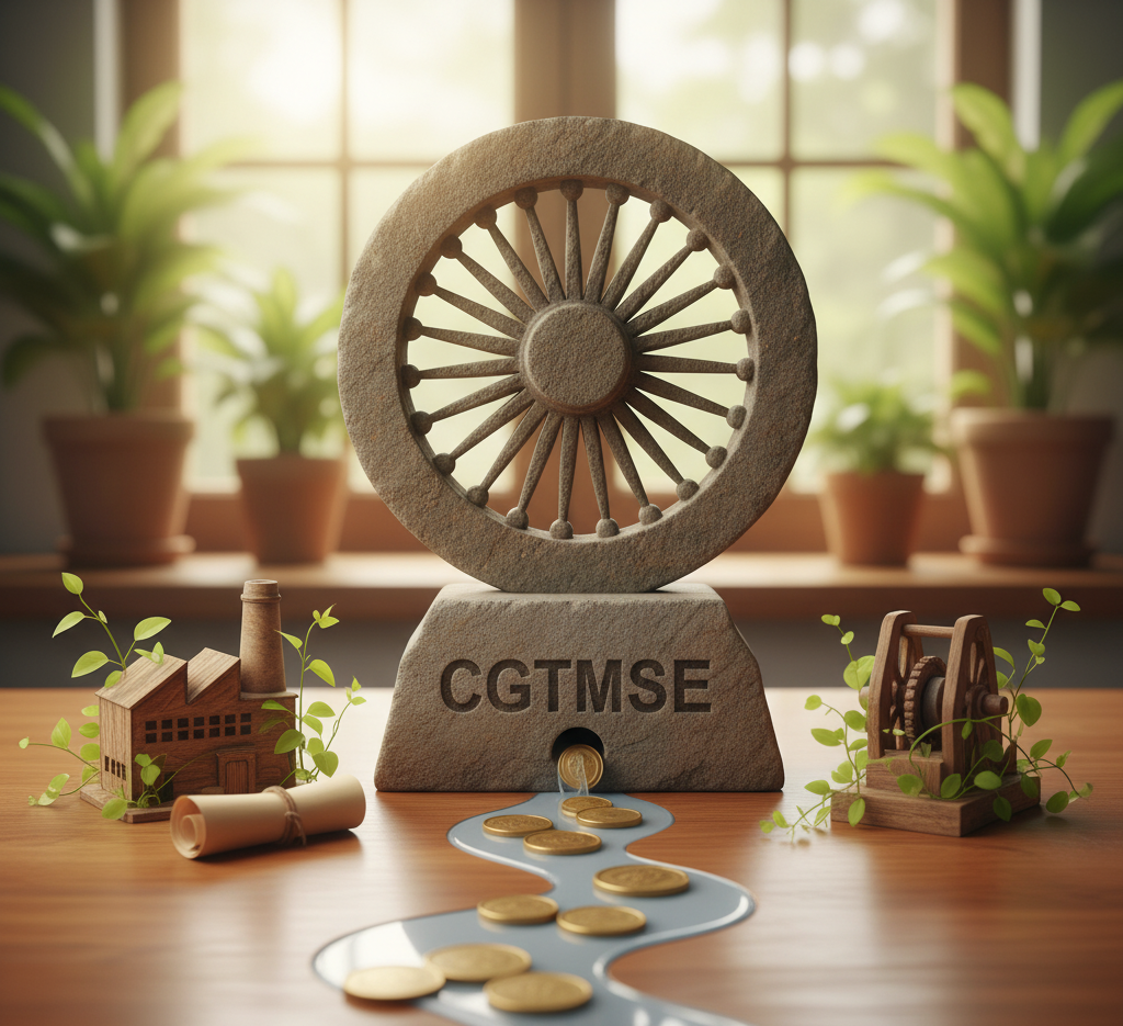 A carved stone Ashoka Chakra with "CGTMSE" etched at its base, from which a stream of Indian rupee coins flows towards miniature models of an MSME factory and equipment, symbolizing collateral-free loans for growth.