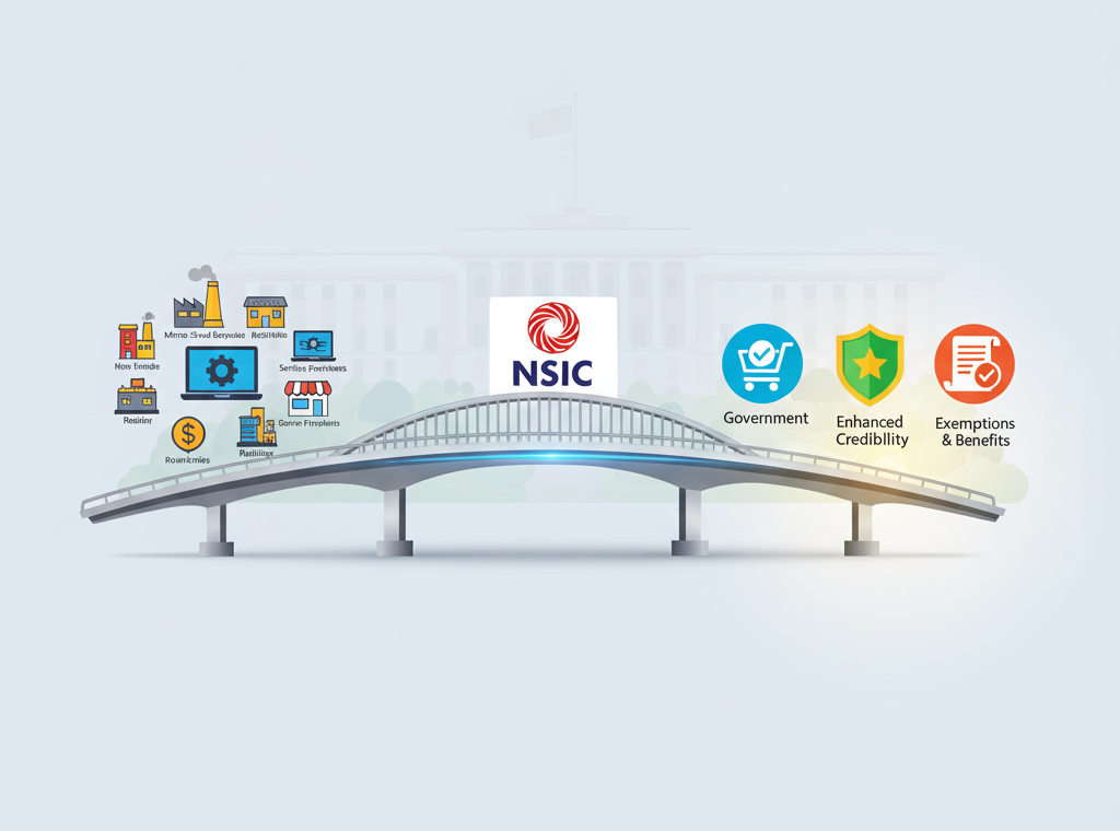 An illustrative image of a bridge connecting stylized MSME icons to various icons representing government benefits and public procurement opportunities.