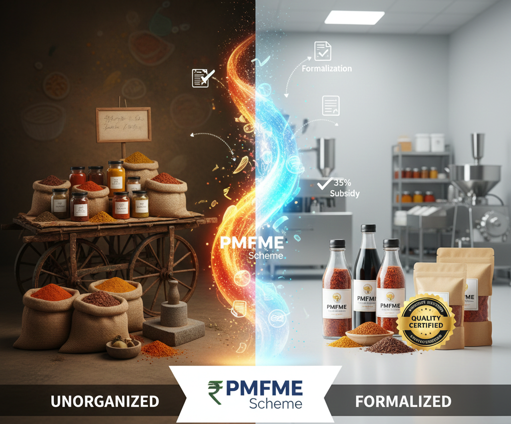 Traditional PMFME Certificate placed next to the hands of an Indian artisan preparing food, with the final professionally packaged and certified product in the background, symbolizing formalization and quality upgrade