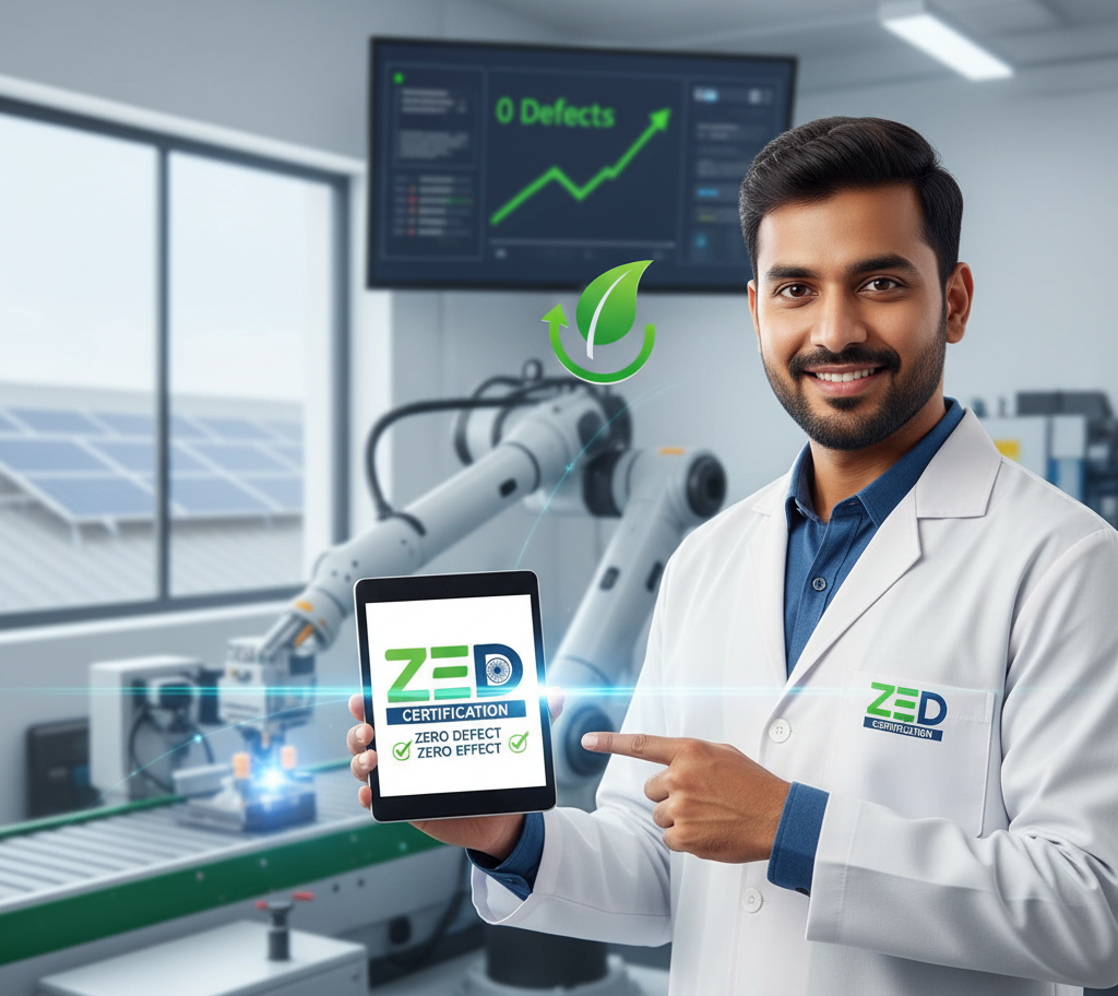Indian quality control professional standing in a modern factory, demonstrating quality control (Zero Defect) and sustainability (Zero Effect) principles encouraged by the ZED Scheme.