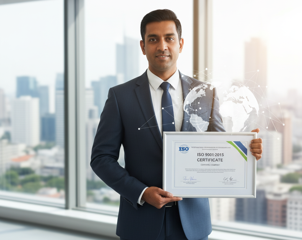 Indian professional reviewing a digital ISO 9001 (Quality Management System) certificate on a tablet, symbolizing adherence to international standards.