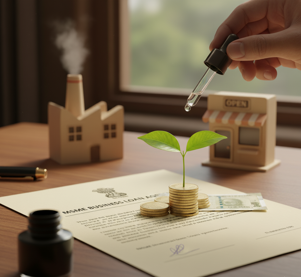 Close-up of an official MSME Loan document placed centrally on a wooden desk, with a hand gently "watering" a small plant growing out of a stack of Indian rupee notes, symbolizing financial support for growth.