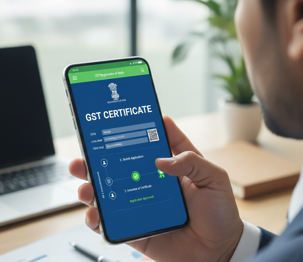 An Indian professional holding a smartphone displaying an approved "GST Certificate" from the Government of India, with icons indicating the registration process steps.