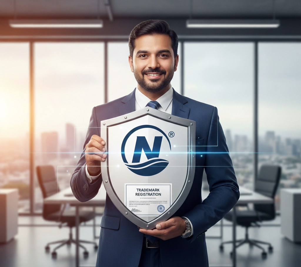 A dynamic graphic featuring a stylized brand logo secured within interlocking digital shapes and displaying the Registered Trademark symbol (®), symbolizing legal protection.