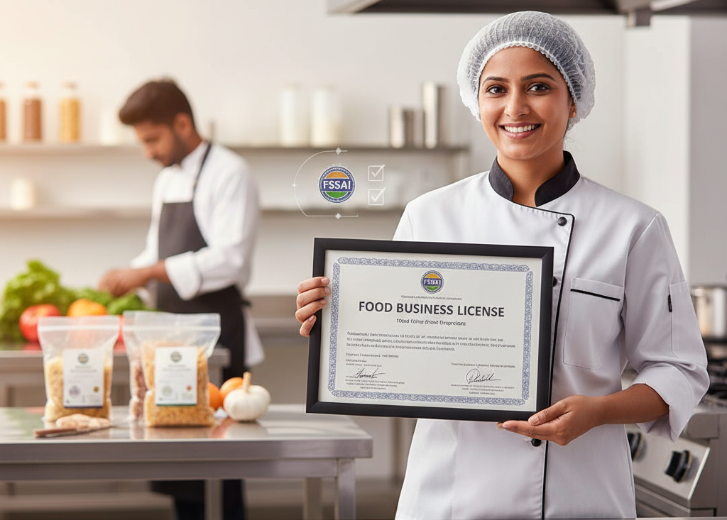 Indian professional reviewing a digital FSSAI License certificate on a tablet, symbolizing compliance with food safety and hygiene standards.