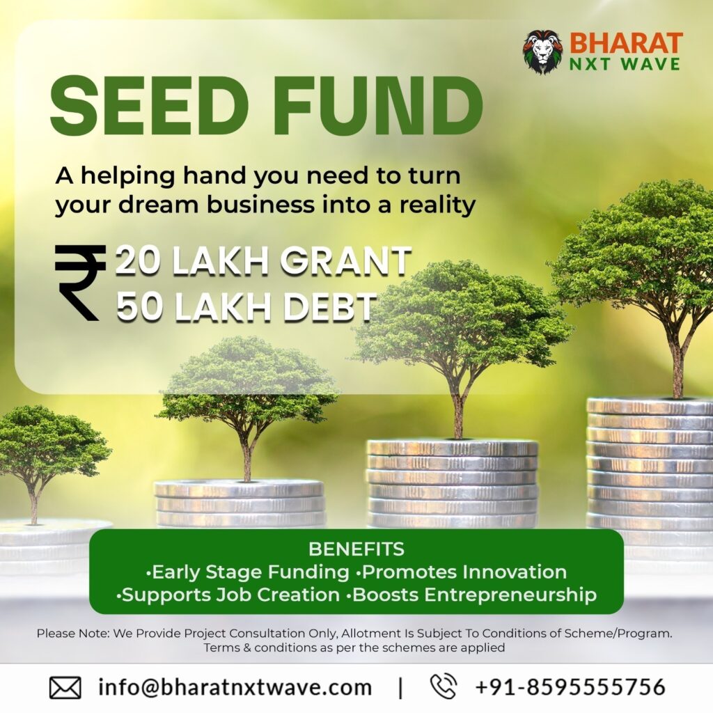 Infographic detailing Seed Fund benefits, showing four small trees growing out of rising stacks of Indian rupee coins, symbolizing financial support leading to business growth