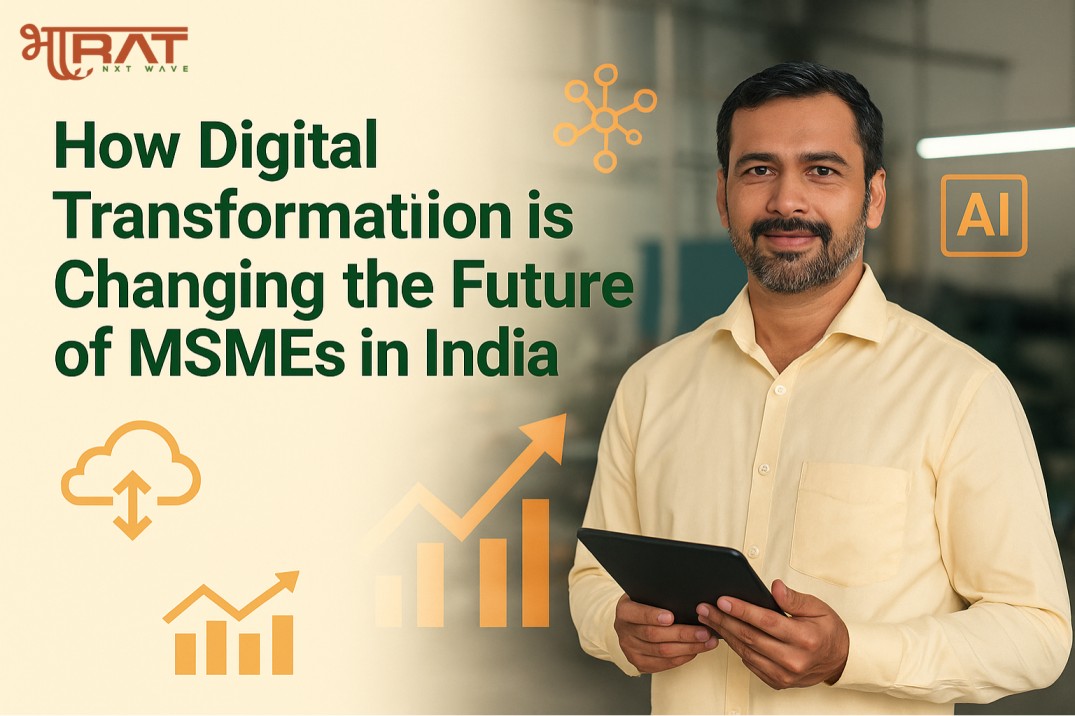 A confident businessman holding a tablet stands in a modern workspace, symbolizing the impact of digital transformation, AI, and cloud technology on MSMEs in India. The text on the image reads “How Digital Transformation is Changing the Future of MSMEs in India.”