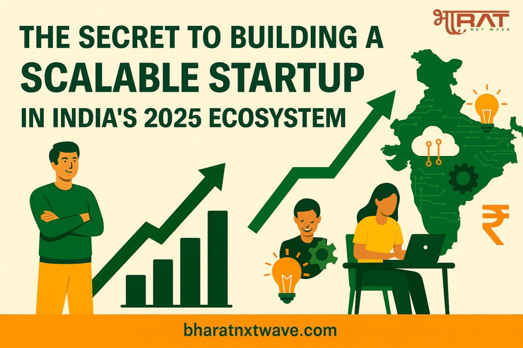 Scalable startup in India’s 2025 ecosystem showing entrepreneurs, rocket launch, and growth chart symbolizing innovation and business expansion.