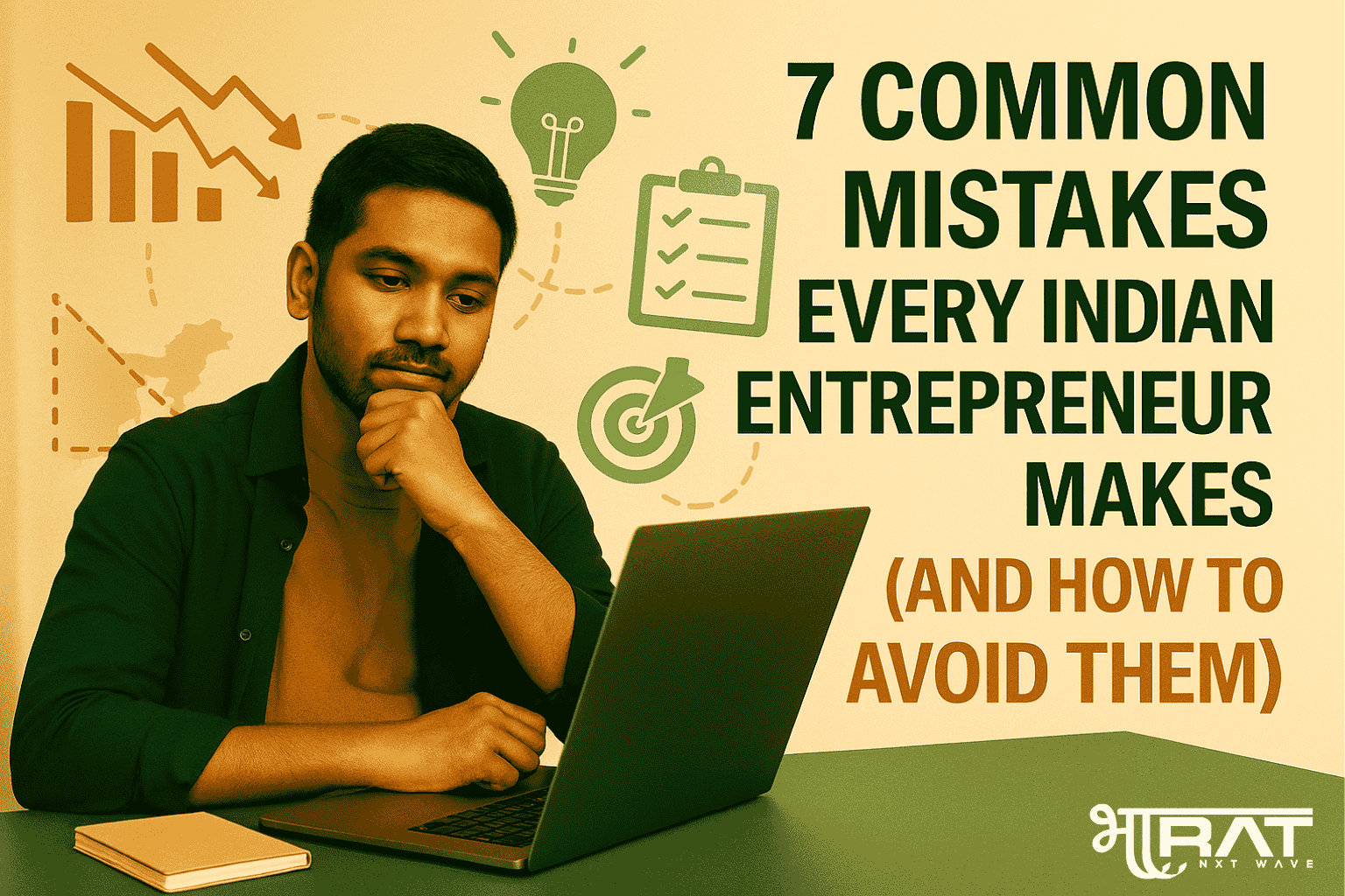 A young Indian entrepreneur sitting at a desk with a laptop, surrounded by startup-related icons like a checklist, light bulb, and graph, symbolizing mistakes and solutions for Indian startups.