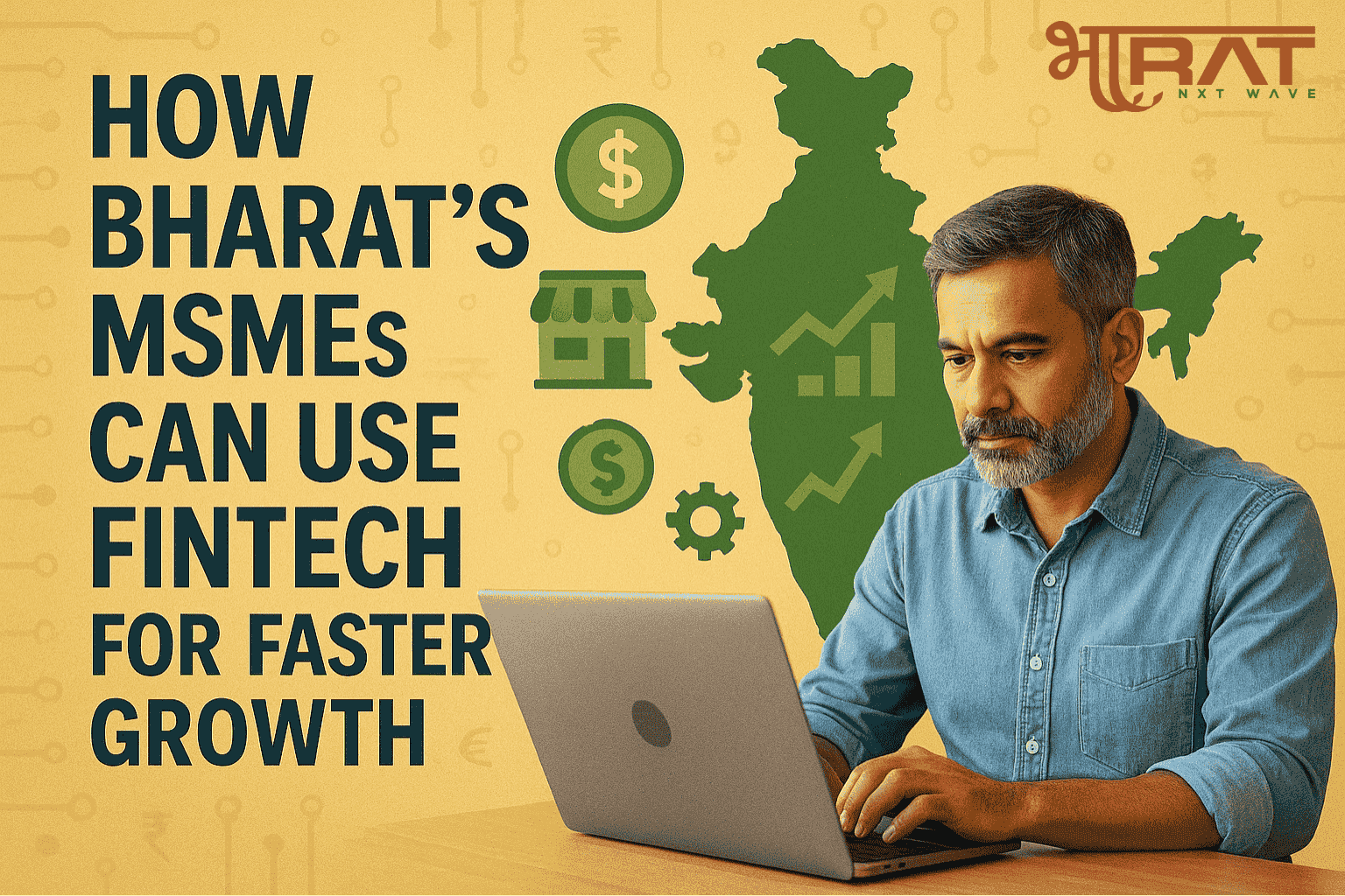 A middle-aged Indian MSME owner working on a laptop with fintech icons and the India map in the background, illustrating how MSMEs in Bharat can use fintech for faster growth.