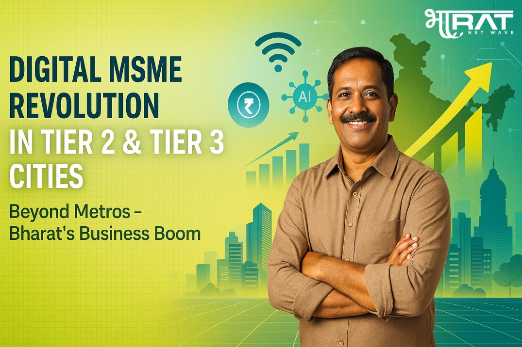 Digital MSME revolution in India’s Tier 2 and Tier 3 cities with a confident Indian MSME owner and icons showing AI, WiFi, and business growth.