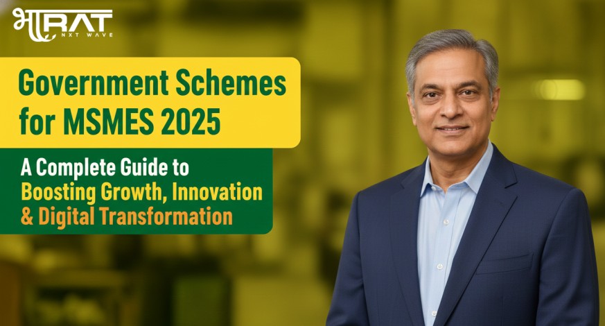 Business professional standing beside a banner highlighting Government Schemes for MSMEs 2025 and digital growth initiatives