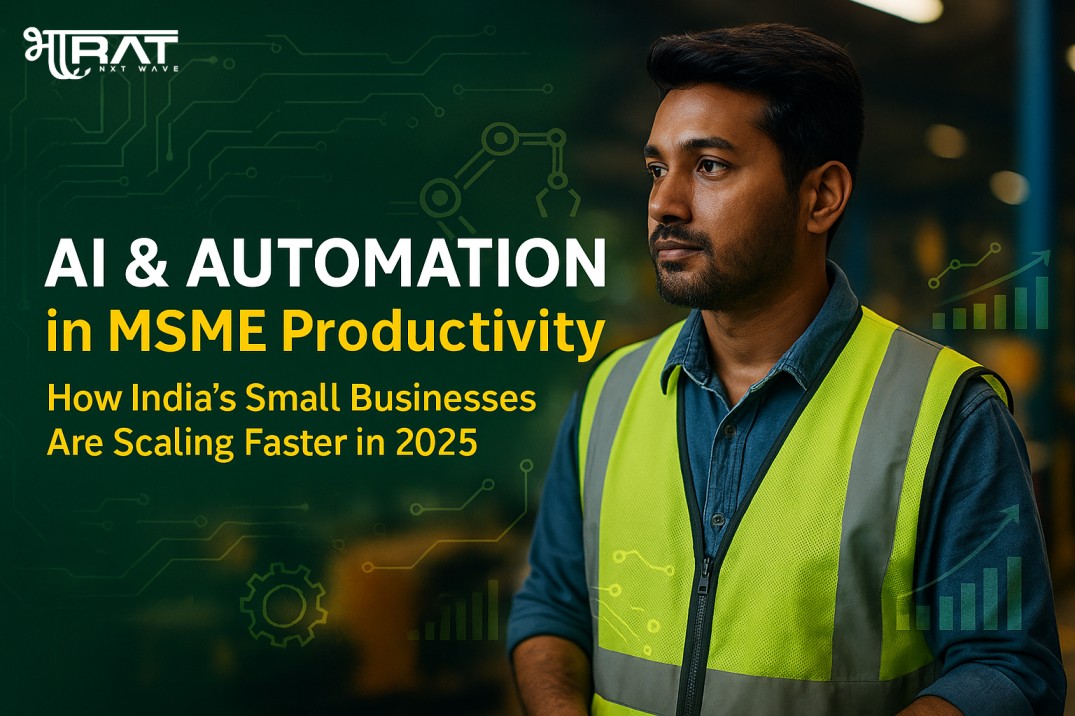 AI and Automation in MSME Productivity showcased through an Indian MSME worker using digital tools and automation technology inside a factory