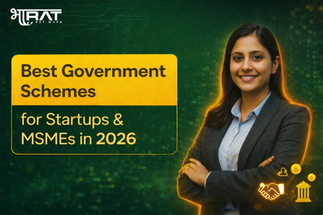 Best Government Schemes for Indian Startups & MSMEs in 2026 banner showing a confident entrepreneur and government support icons