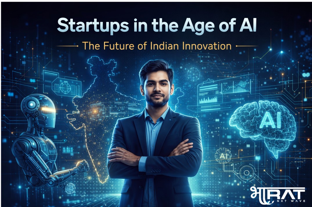 Featured image showing AI technology merging with Indian startup innovation — futuristic graphics illustrating ‘Startups in the Age of AI’ with digital elements and founders
