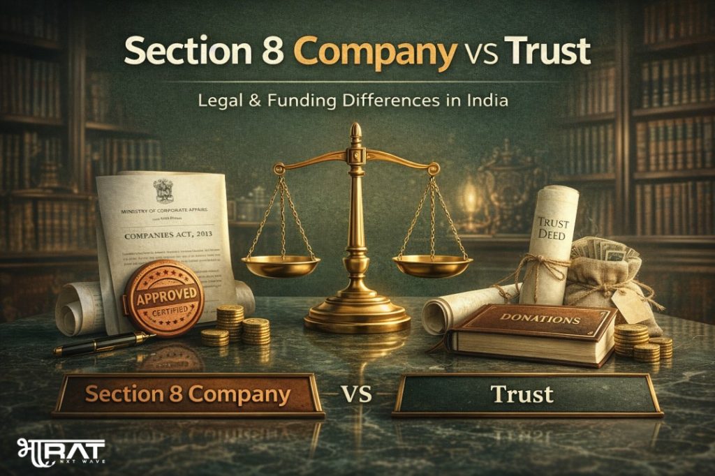 Section 8 Company vs Trust in India showing legal structure, compliance requirements, funding eligibility, and governance differences.