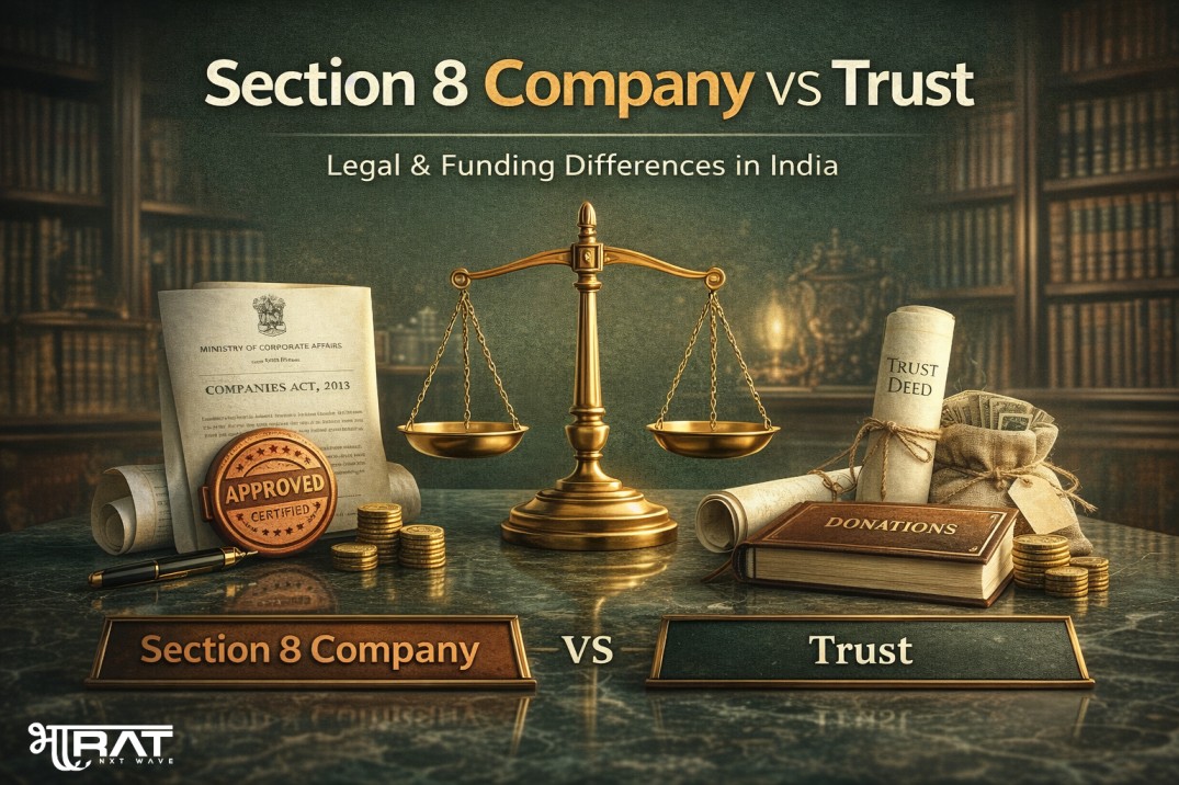 Section 8 Company vs Trust in India showing legal structure, compliance requirements, funding eligibility, and governance differences.