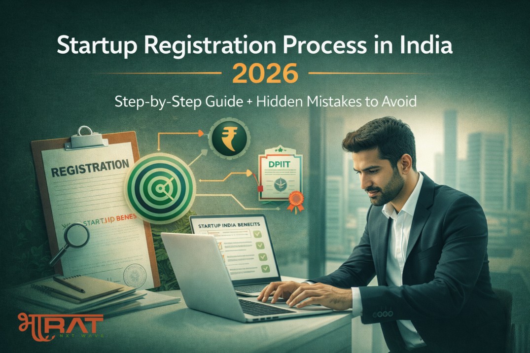 Startup Registration Process in India 2026 illustrated with a businessman registering a startup online