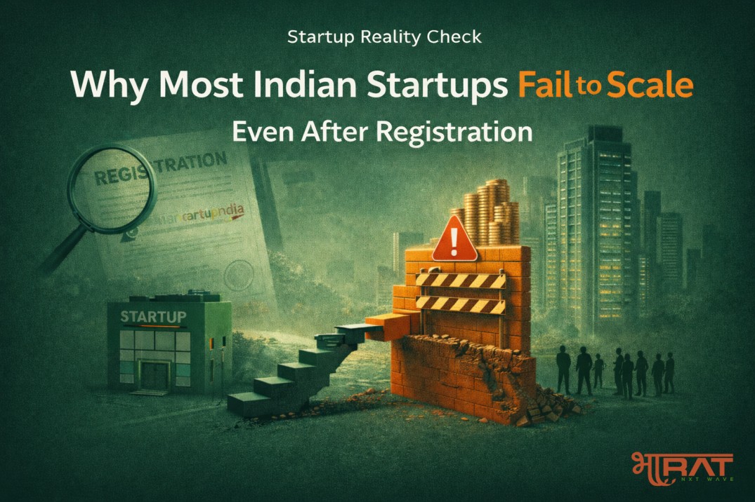 Why Most Indian Startups Fail to Scale even after registration illustrated with a broken growth path, startup building, and financial barriers in India.