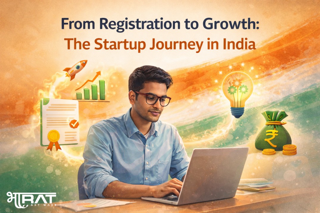 Illustration showing the startup journey in India with registration, funding, growth, and innovation stages